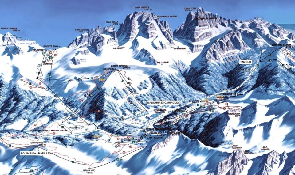 a map of madona di campilio ski resort in the mountains