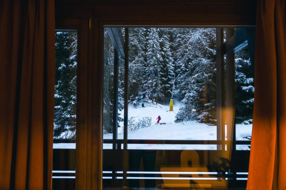 a view of a snow covered forest from a window