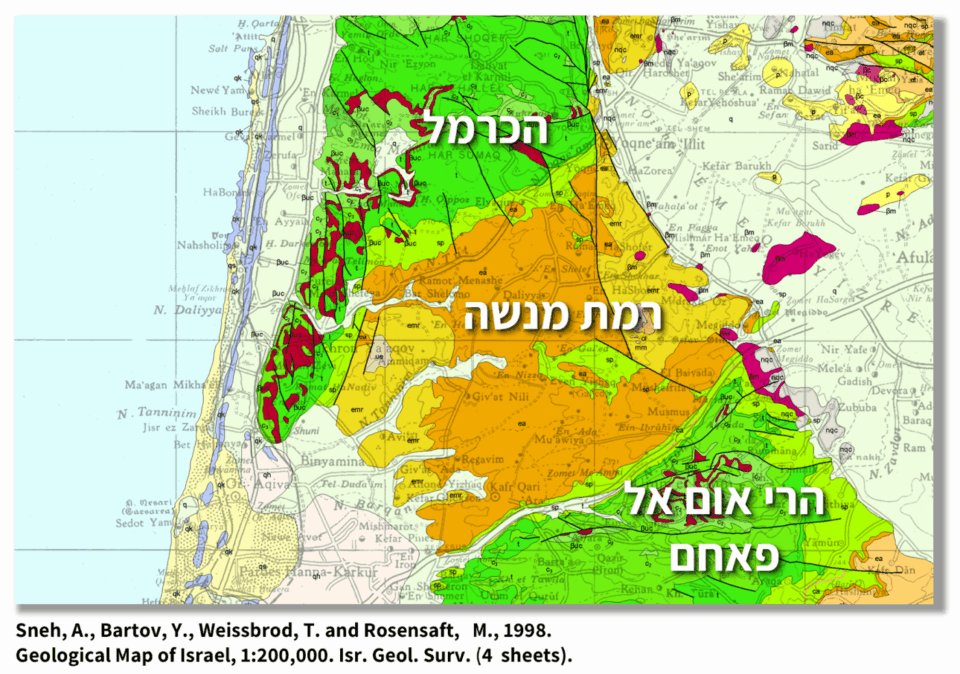 מפה גאולוגית. קרדיט למפת הרקע: המכון הגאולוגי לישראל