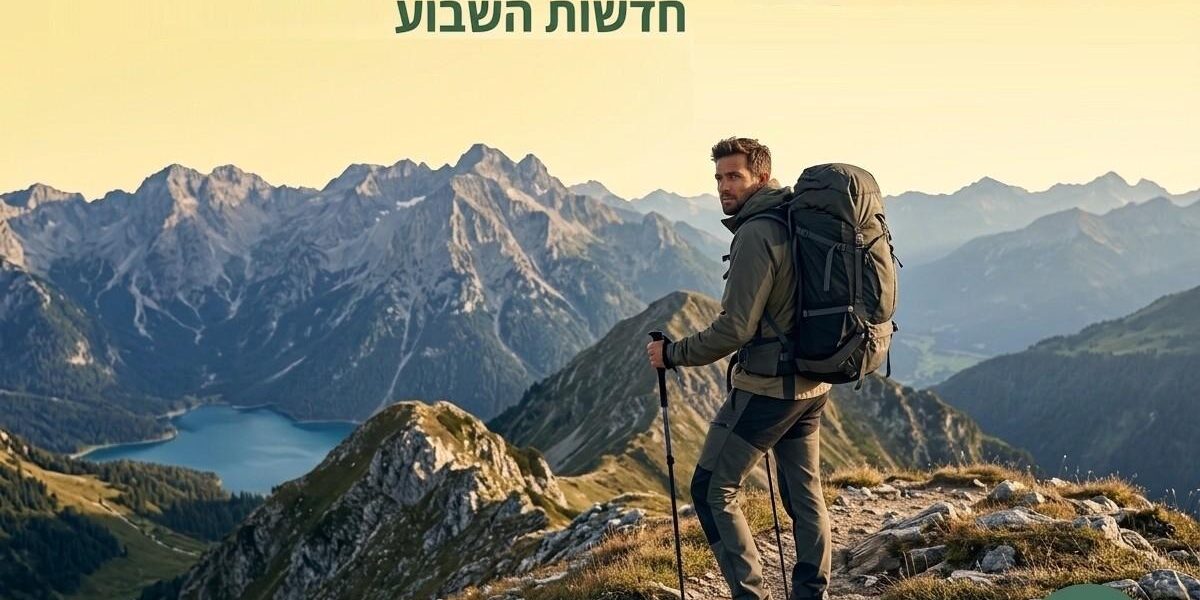 מטייל עם תרמיל ומקלות הליכה על רכס הרים מול אגם
