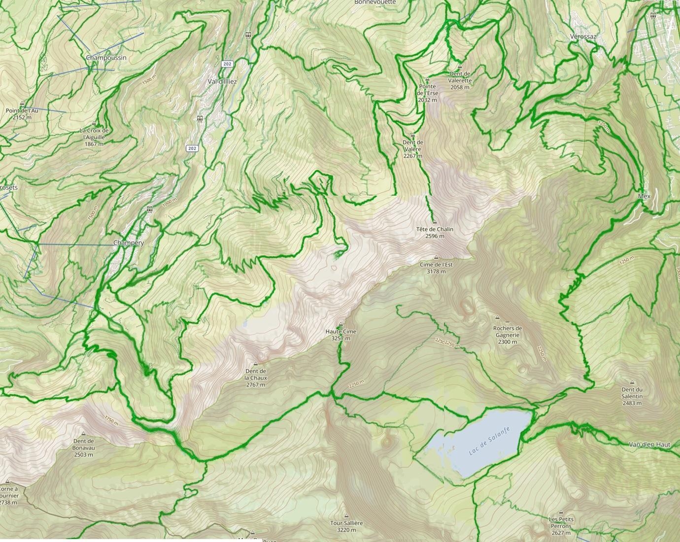 מפה טופוגרפית של אזור Dents du Midi עם שבילי הטרק